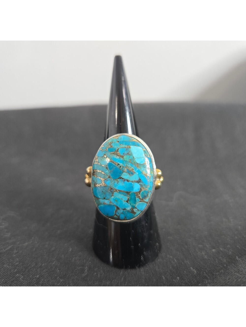Sterling Silver Mosaic Turquoise Inlay Statement Ring 925 Brass India Size 8